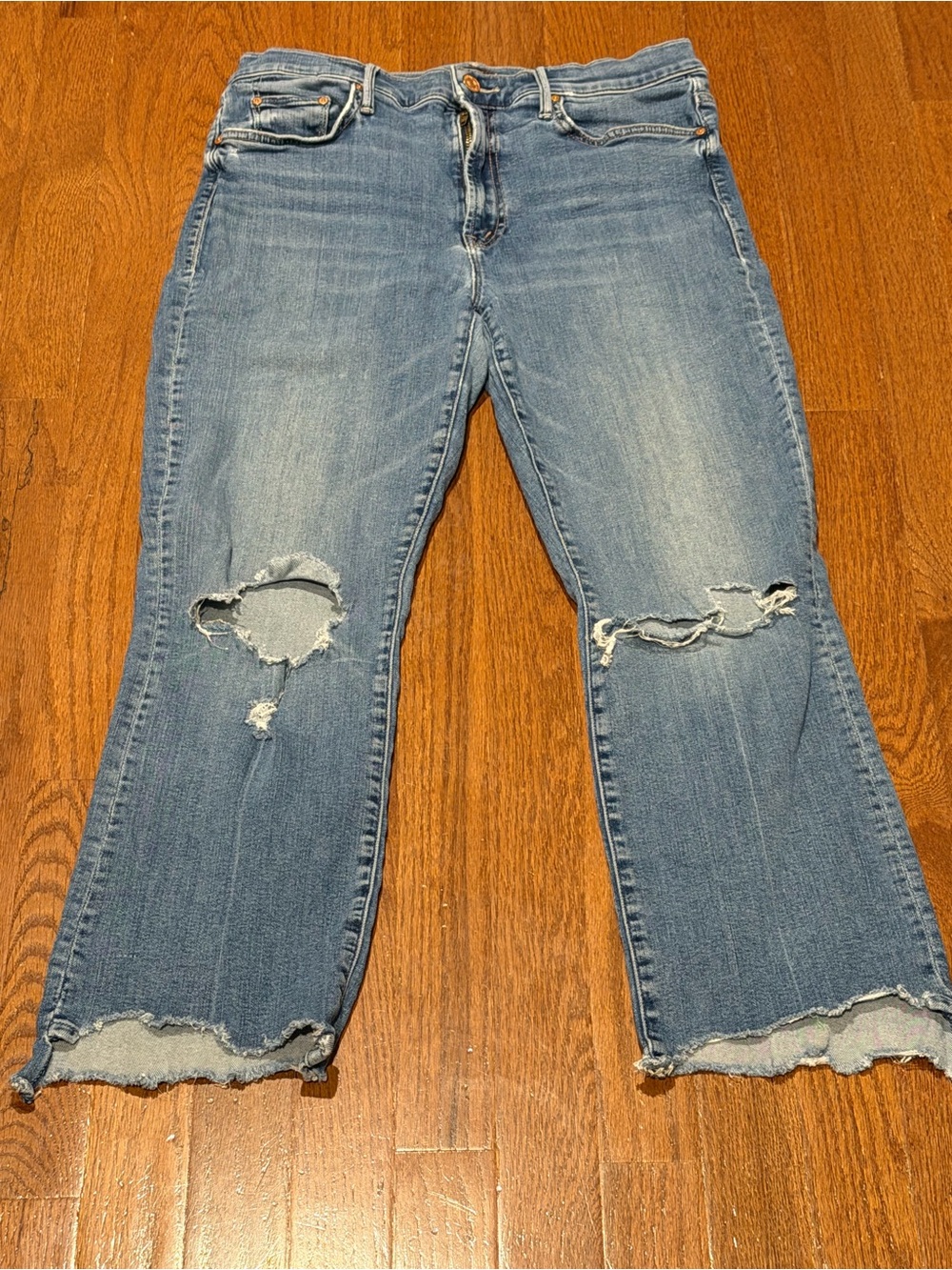 MOTHER Light Blue Distressed Cropped Jeans